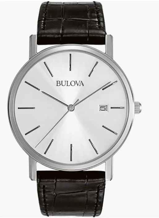 Bulova Reloj clásico de 3 manecillas con calendario de cuarzo y correa de cuero para hombre