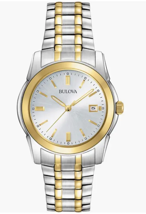 Bulova Reloj clásico de cuarzo de 3 manecillas de acero inoxidable de dos tonos para hombre