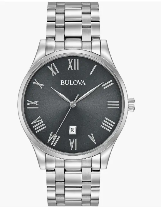 Bulova Reloj clásico de cuarzo con calendario de 3 manecillas de acero inoxidable para hombre, esfera gris con marcadores de números romanos.