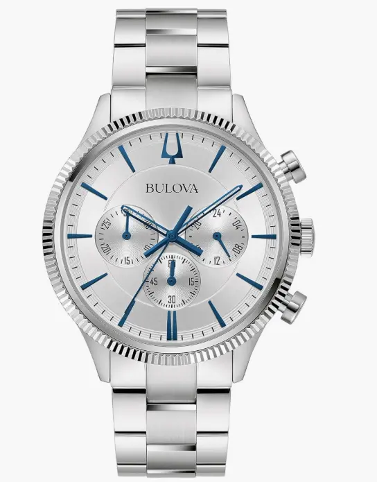 Bulova Reloj cronógrafo clásico de 6 manecillas para hombre, reloj de cuarzo plateado y acero inoxidable.