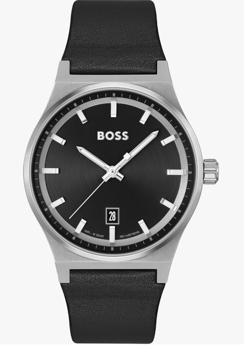 BOSS Hugo Candor - Reloj para hombre con caja de acero inoxidable y correa de cuero negro, diseño contemporáneo para uso diario, reloj de tres manecillas