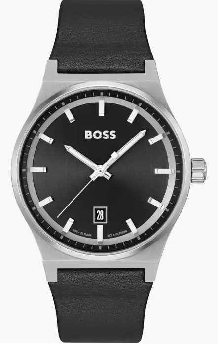 BOSS Hugo Candor - Reloj para hombre con caja de acero inoxidable y correa de cuero negro.