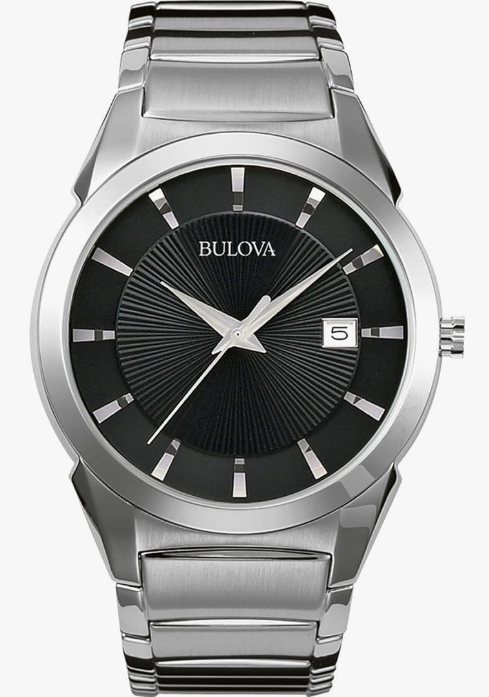 Bulova Reloj de cuarzo con fecha y calendario de 3 manecillas para hombre, esfera estampada, 1.496 pulgadas, Acero inoxidable/esfera negra, Pulsera clásica de cuarzo plateado de acero inoxidable