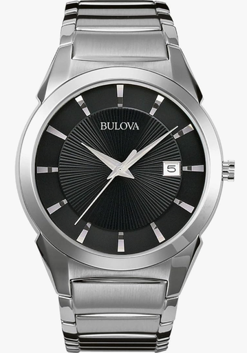Bulova Reloj de cuarzo con fecha y calendario de 3 manecillas para hombre, esfera estampada, 1.496 pulgadas, Acero inoxidable/esfera negra, Pulsera clásica de cuarzo plateado de acero inoxidable