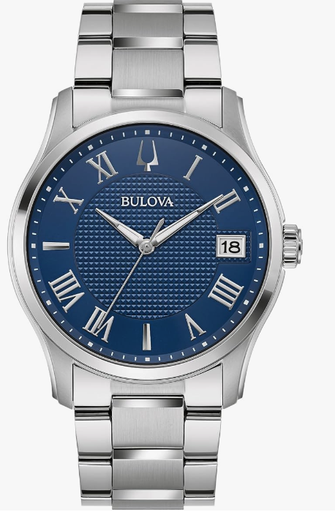 Bulova Reloj clásico Wilton de acero inoxidable de 3 manecillas para hombre, esfera azul, estilo de 3 manecillas 96B386, plateado, Wilton - Pulsera de cuarzo plateado de acero inoxidable