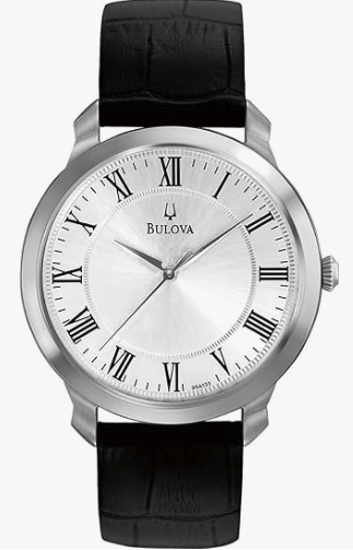Bulova Reloj clásico de cuarzo de 3 manecillas para hombre, correa de cuero negro, marcadores de números romanos