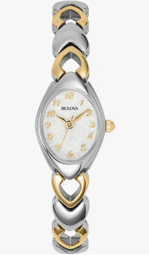 Bulova Cuarzo clásico de 3 manecillas de acero inoxidable de dos tonos para mujer, estilo de esfera blanca modelado