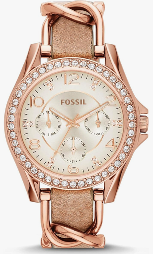 Fossil Riley - Reloj para mujer con detalles de cristal y pulsera de acero inoxidable, Oro rosa, bronceado, Movimiento de cuarzo