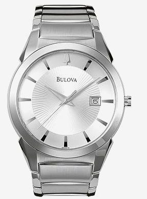 Bulova Reloj de cuarzo con fecha y calendario de 3 manecillas para hombre, esfera estampada, Acero inoxidable/esfera plateada