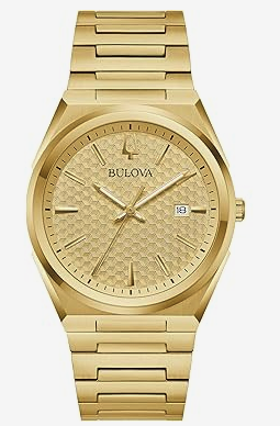 Bulova Reloj clásico de cuarzo dorado de acero inoxidable para hombre, esfera con patrón champán, Oro, Pulsera clásica de acero inoxidable de cuarzo dorado