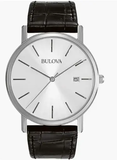 Bulova Reloj clásico de 3 manecillas con calendario de cuarzo y correa de cuero para hombre