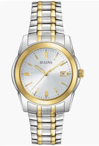 Bulova Reloj clásico de cuarzo de 3 manecillas de acero inoxidable de dos tonos para hombre.