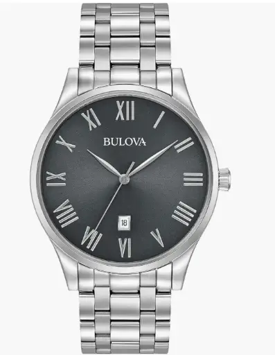 Bulova Reloj clásico de cuarzo con calendario de 3 manecillas de acero inoxidable para hombre, esfera gris con marcadores de números romanos.