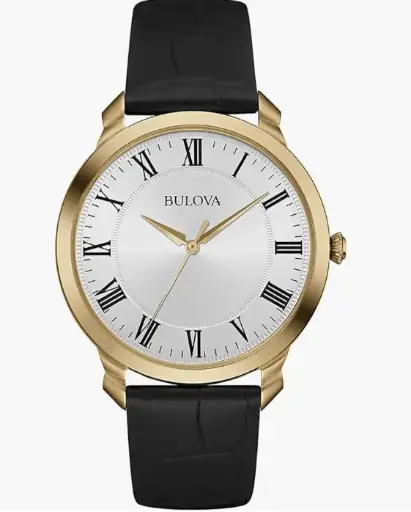 Bulova Reloj clásico de cuarzo de 3 manecillas para hombre, correa de cuero negro, marcadores de números romanos.
