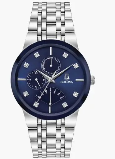 Bulova Reloj de cuarzo multifunción de 3 manecillas para hombre con esfera de diamante, cristal de borde a borde.